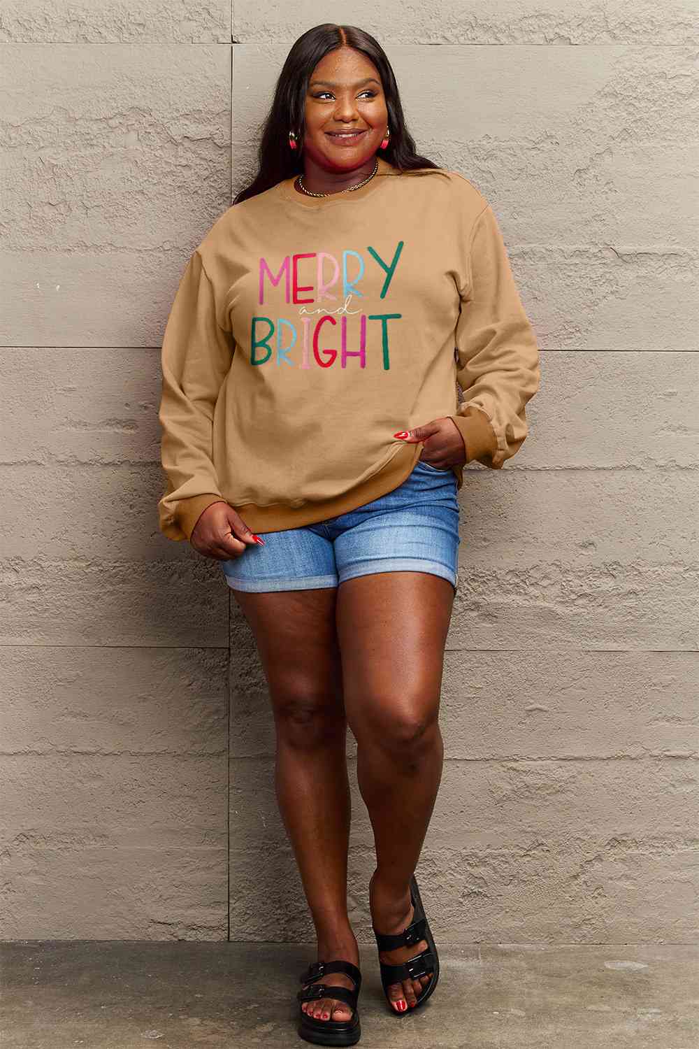 Simply Love Full Size MERRY AND BRIGHT Graphic Sweatshirt BLUE ZONE PLANET