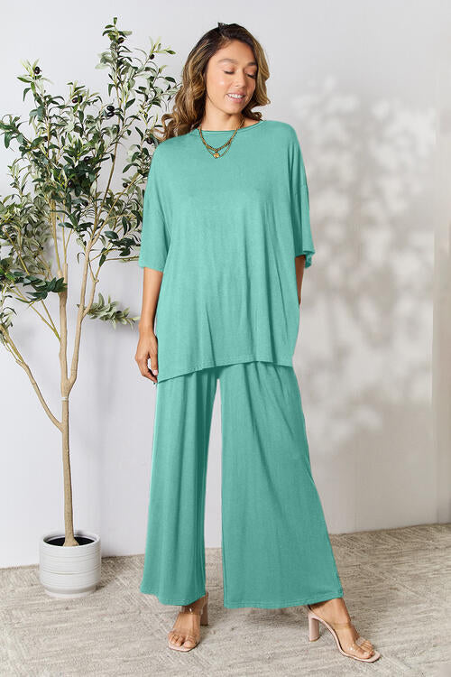 Double Take Full Size Round Neck Slit Top and Pants Set BLUE ZONE PLANET