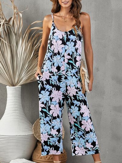 Printed Spaghetti Strap Jumpsuit with Pockets Trendsi