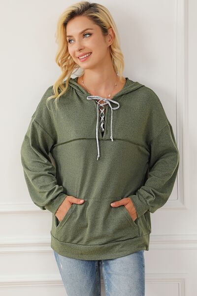 Lace-Up Exposed Seam Hoodie with Pocket-TOPS / DRESSES-[Adult]-[Female]-2022 Online Blue Zone Planet