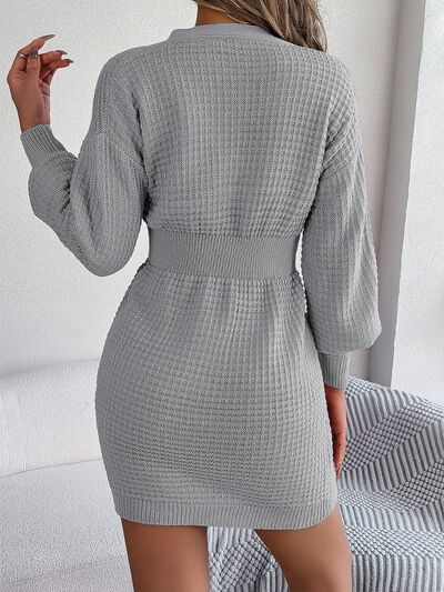 Buttoned Cable-Knit V-Neck Sweater Dress BLUE ZONE PLANET