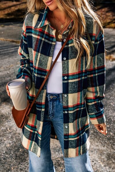 Plaid Button Up Long Sleeve Slit Shacket BLUE ZONE PLANET