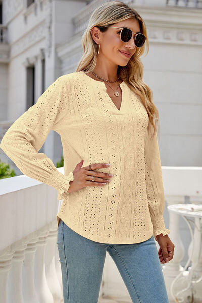 Eyelet Notched Lantern Sleeve T-Shirt Trendsi