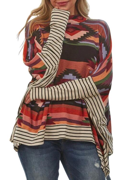 Geometric Striped Splicing Round Neck Blouse BLUE ZONE PLANET