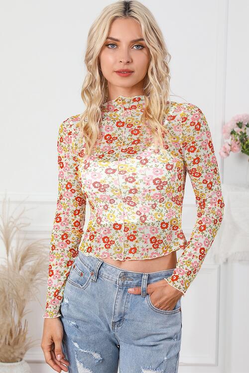 Floral Mock Neck Long Sleeve Blouse BLUE ZONE PLANET