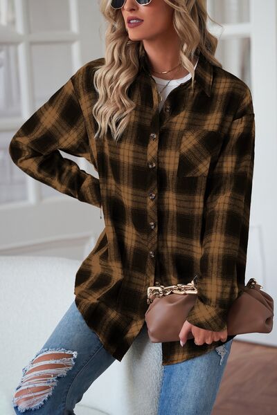 Plaid Button Up Dropped Shoulder Outerwear BLUE ZONE PLANET