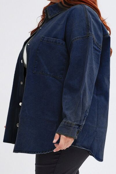 Plus Size Snap Down Pocketed Denim Jacket BLUE ZONE PLANET