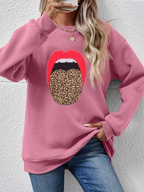 Leopard Lip Graphic Round Neck Sweatshirt BLUE ZONE PLANET