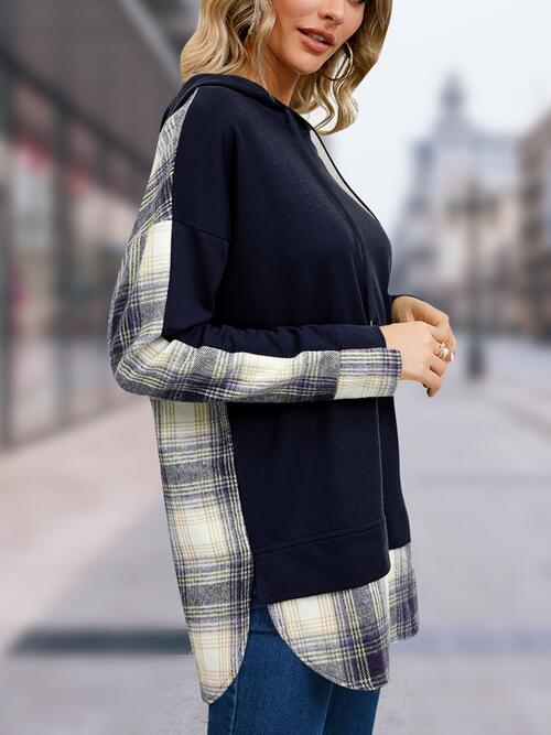 Plaid Drawstring Long Sleeve Slit Hoodie BLUE ZONE PLANET