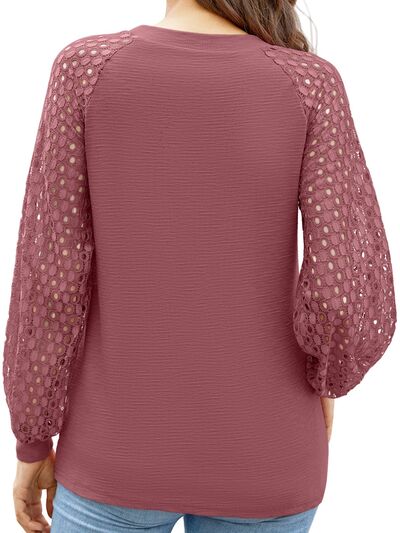 Full Size Eyelet Round Neck Long Sleeve T-Shirt Trendsi