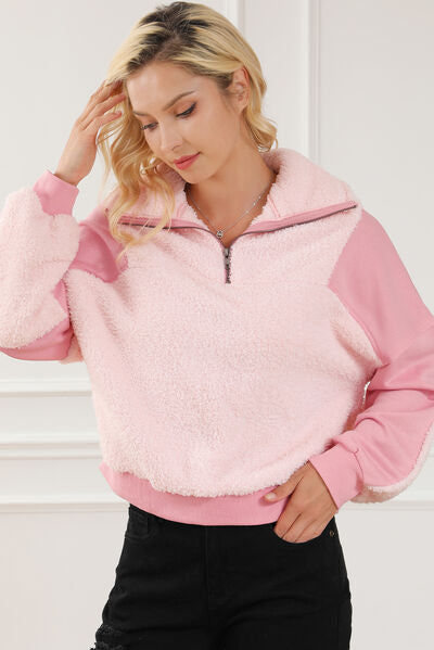 Fuzzy Half Zip Dropped Shoulder Sweatshirt-TOPS / DRESSES-[Adult]-[Female]-2022 Online Blue Zone Planet