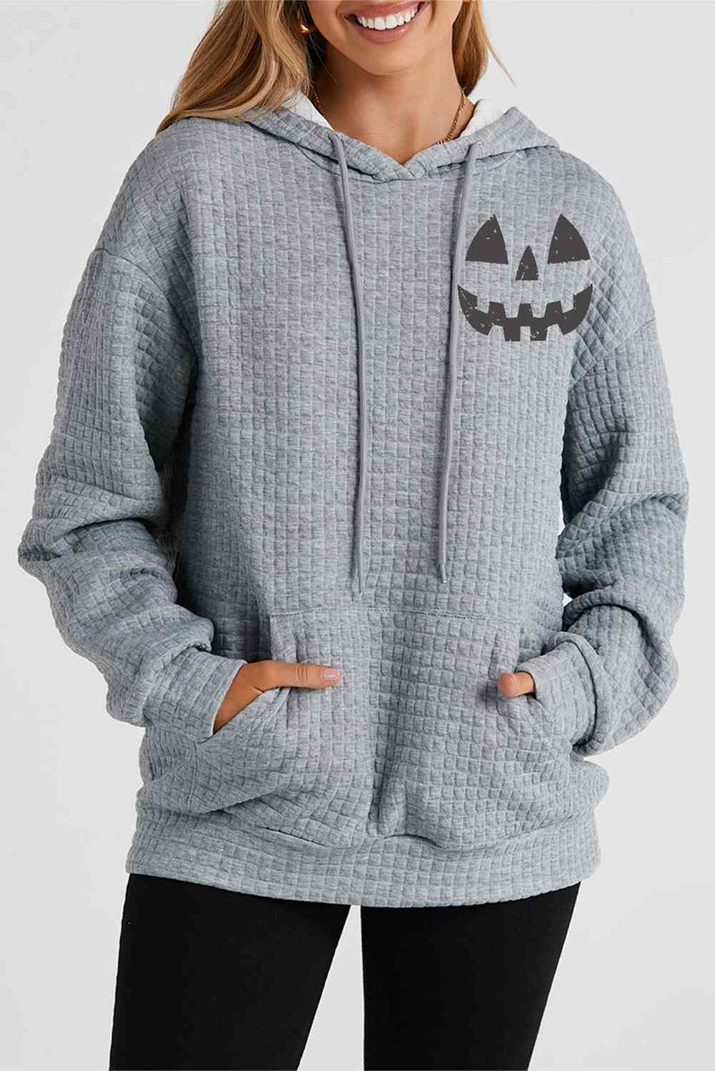 Pumpkin Face Graphic Drawstring Hoodie with Pocket BLUE ZONE PLANET