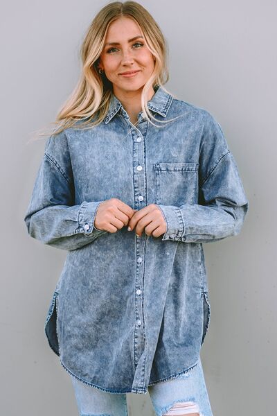 Blue Zone Planet |  Button Up Dropped Shoulder Denim Top BLUE ZONE PLANET