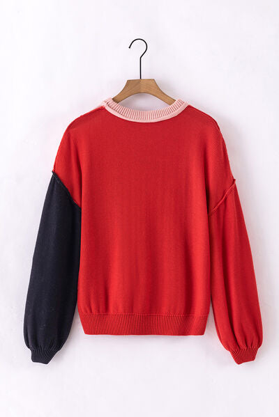Blue Zone Planet |  Contrast Round Neck Dropped Shoulder Sweater BLUE ZONE PLANET