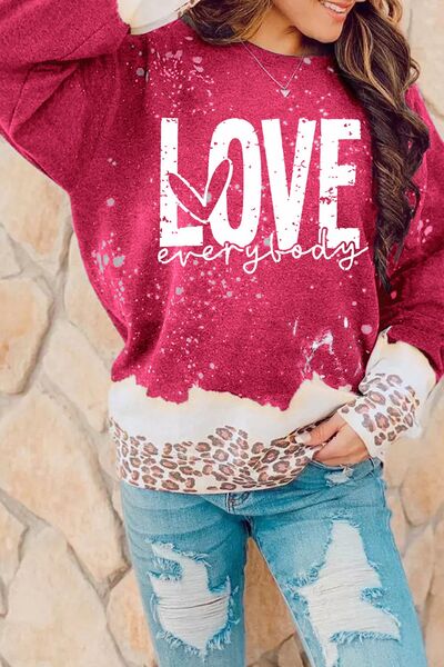 Blue Zone Planet |  LOVE EVERYBODY Leopard Round Neck Sweatshirt BLUE ZONE PLANET