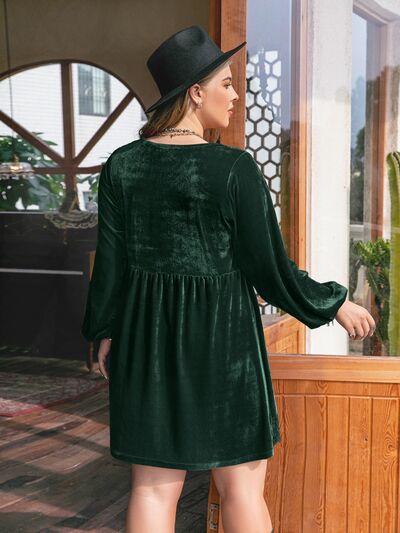 Plus Size Lace Detail V-Neck Balloon Sleeve Mini Dress-TOPS / DRESSES-[Adult]-[Female]-2022 Online Blue Zone Planet