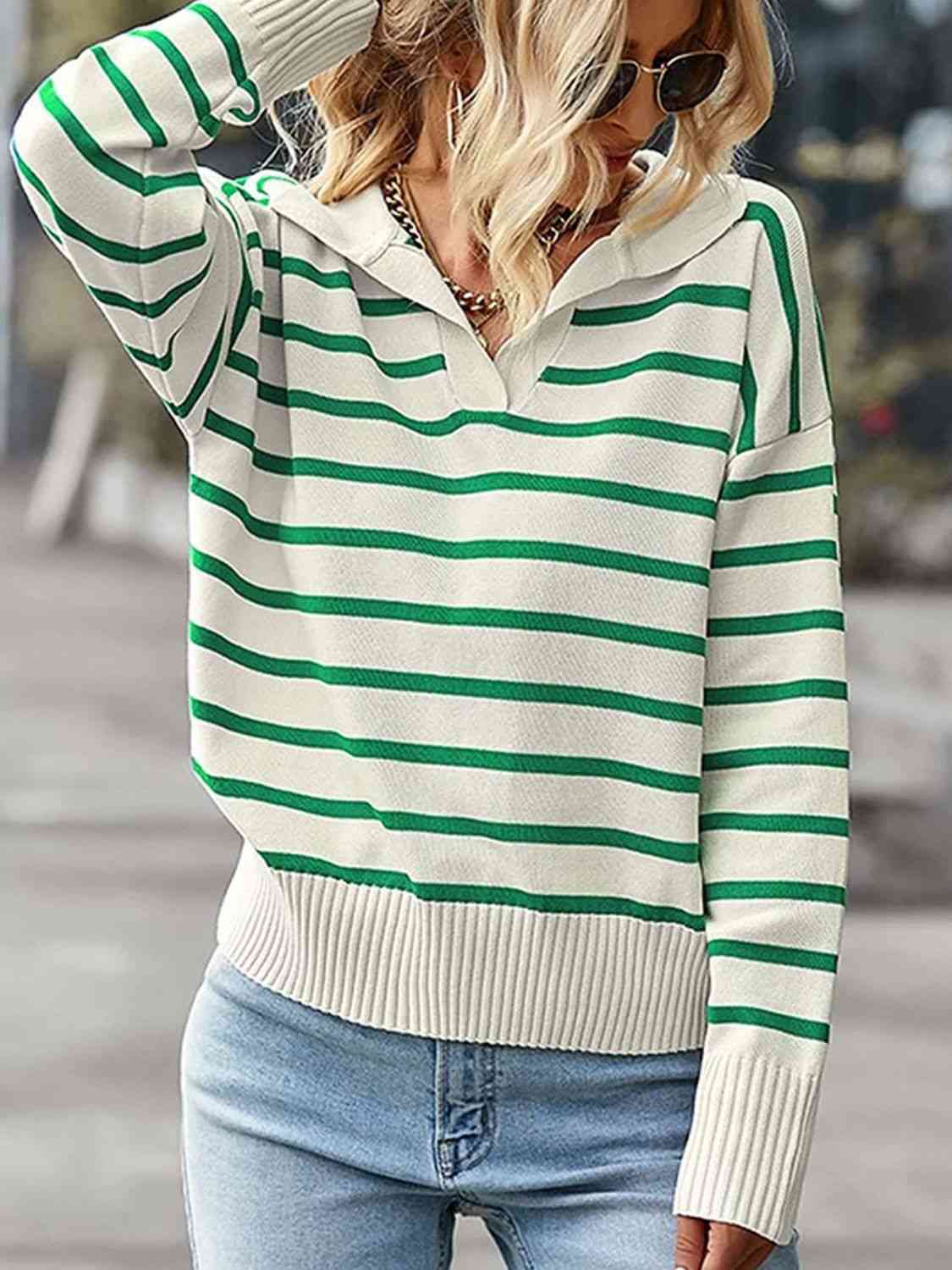 Striped Collared Neck Knit Top BLUE ZONE PLANET