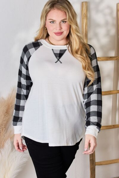 Hailey & Co Full Size Plaid Raglan Sleeve Round Neck Blouse Trendsi