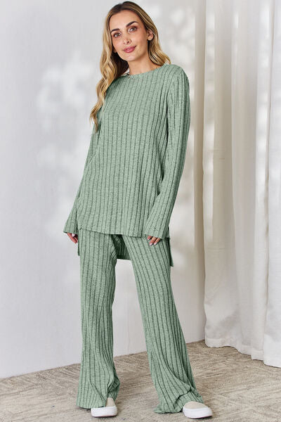 Basic Bae Full Size Ribbed High-Low Top and Wide Leg Pants Set-TOPS / DRESSES-[Adult]-[Female]-Gum Leaf-S-2022 Online Blue Zone Planet