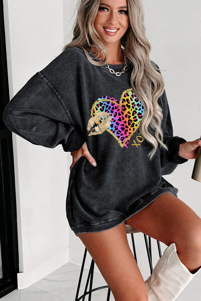 XOXO Leopard Round Neck Sweatshirt-TOPS / DRESSES-[Adult]-[Female]-2022 Online Blue Zone Planet