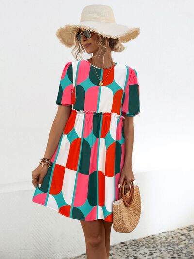 Blue Zone Planet |  Geometric Frill Round Neck Short Sleeve Dress BLUE ZONE PLANET
