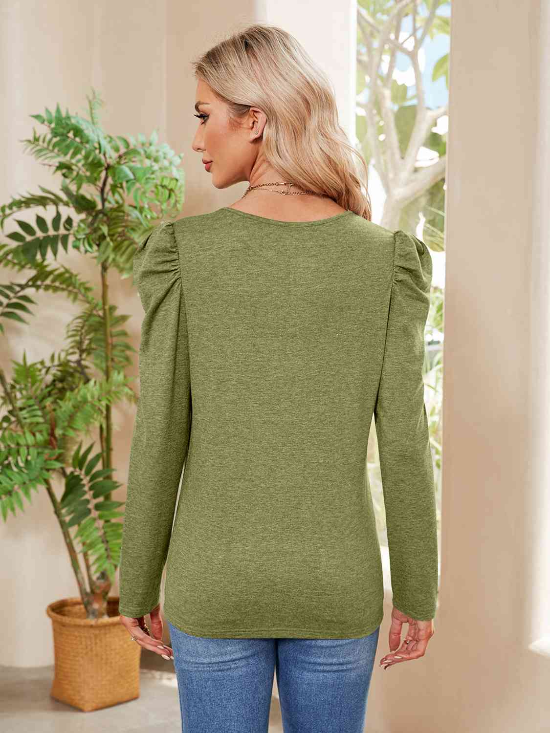 Buttoned Round Neck Puff Sleeve T-Shirt BLUE ZONE PLANET