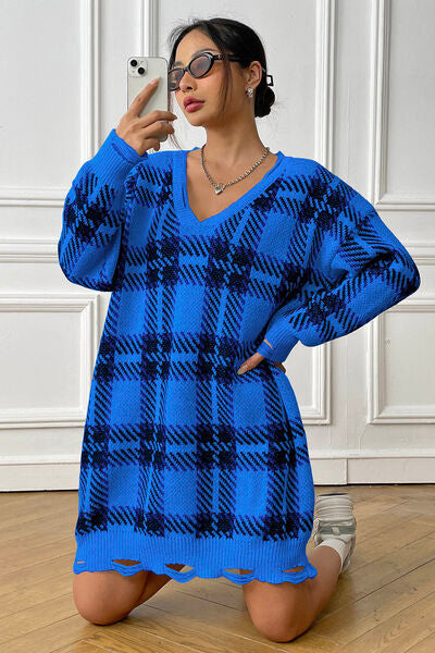 Plaid V-Neck Long Sleeve Sweater Dress BLUE ZONE PLANET