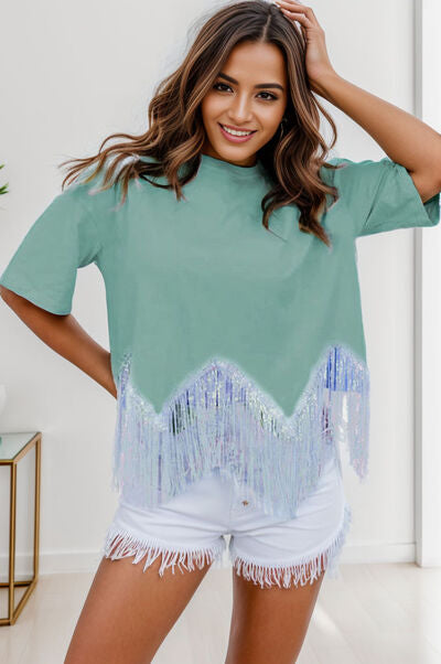 Fringe Round Neck Short Sleeve T-Shirt BLUE ZONE PLANET