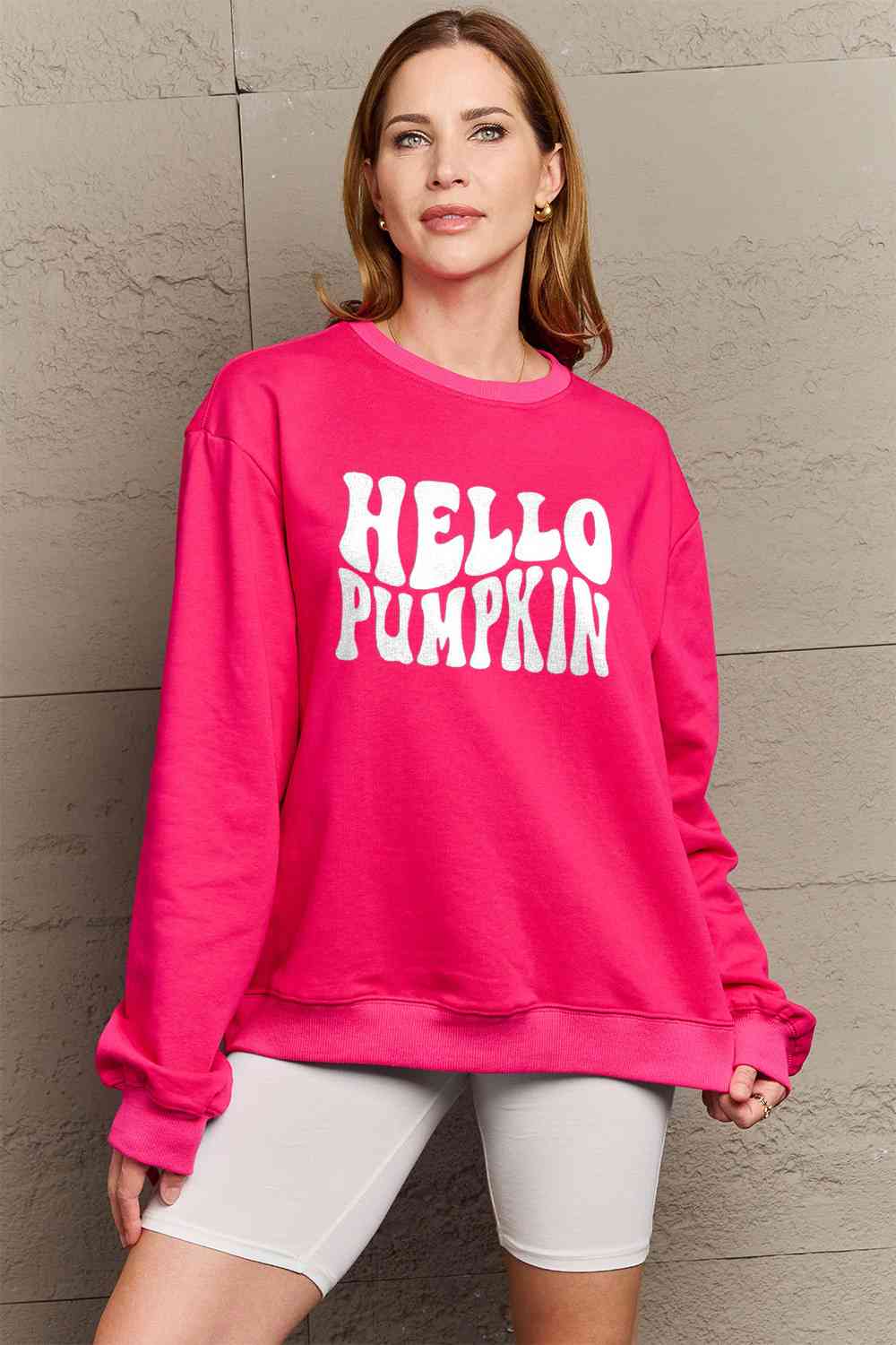 Simply Love Full Size HELLO PUMPKIN Graphic Sweatshirt BLUE ZONE PLANET