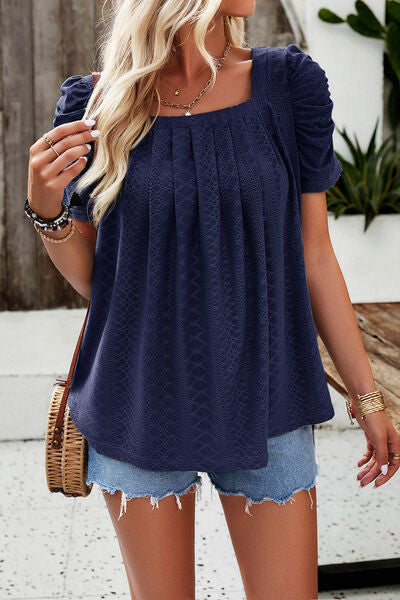 Eyelet Square Neck Puff Sleeve T-Shirt Trendsi