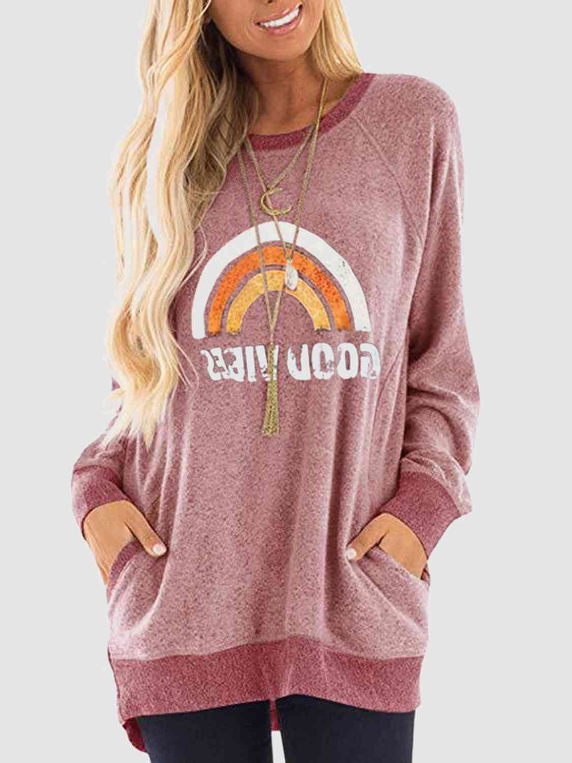 Rainbow Graphic Round Neck Sweatshirt with Pockets BLUE ZONE PLANET