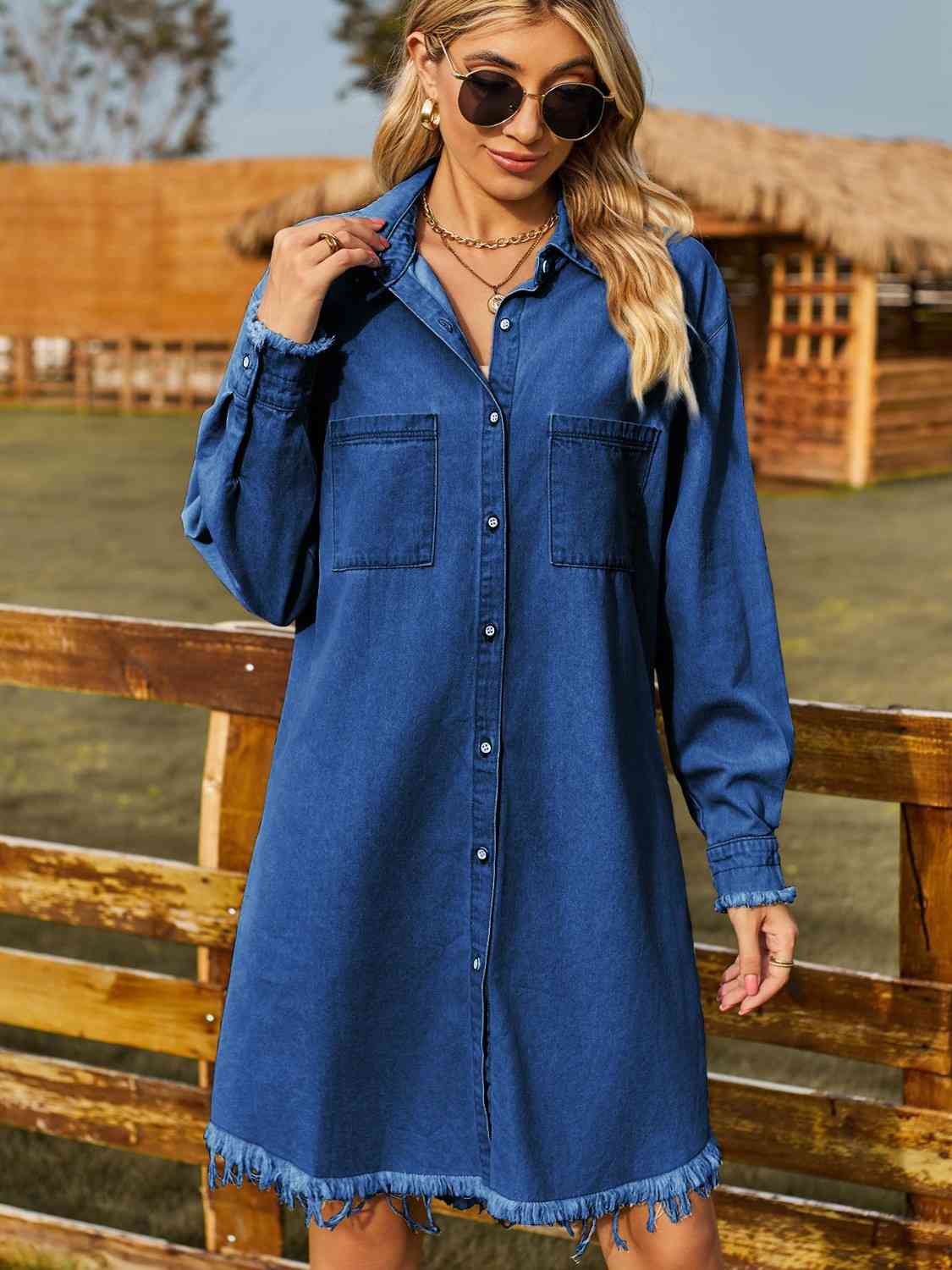 Button Up Collared Neck Raw Hem Denim Dress BLUE ZONE PLANET