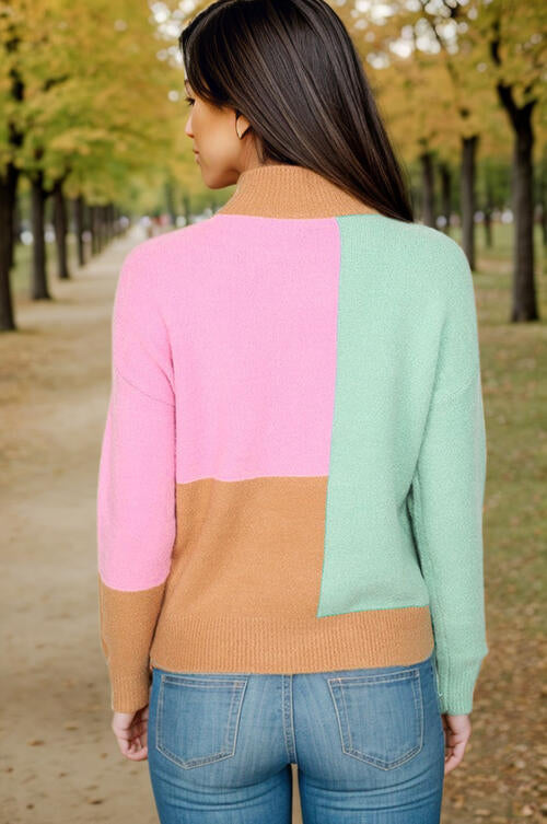 Color Block Mock Neck Dropped Shoulder Sweater BLUE ZONE PLANET