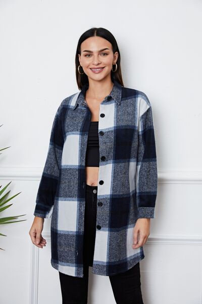 Plaid Button Up Collared Neck Outerwear BLUE ZONE PLANET