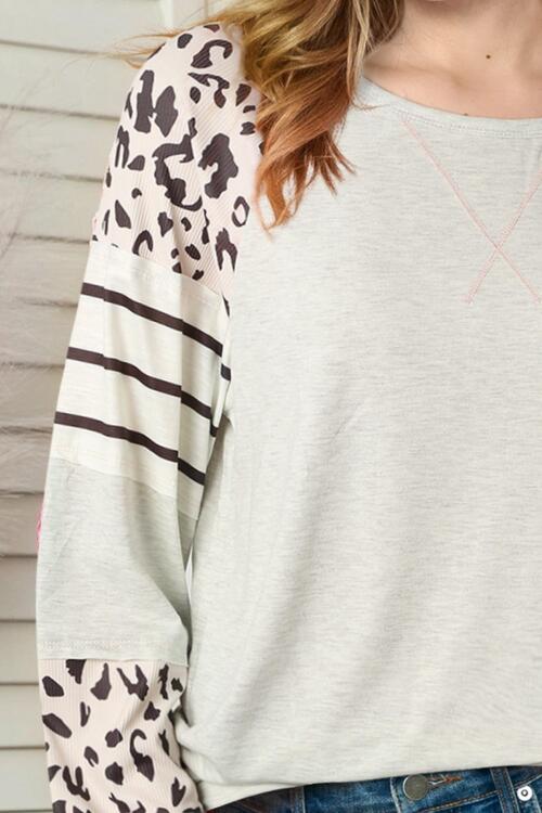 Leopard Round Neck Long Sleeve Top BLUE ZONE PLANET