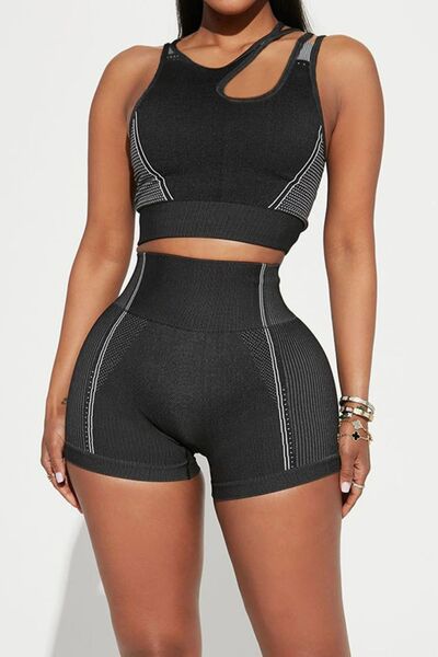 Asymmetrical Neck Striped Tank and Shorts Active Set Trendsi