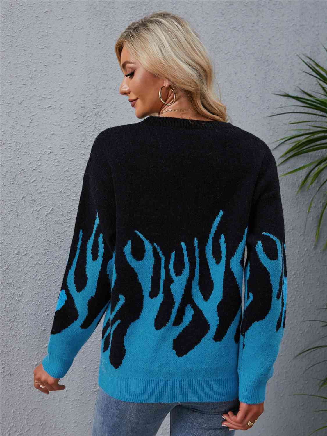 Printed Round Neck Long Sleeve Sweater BLUE ZONE PLANET