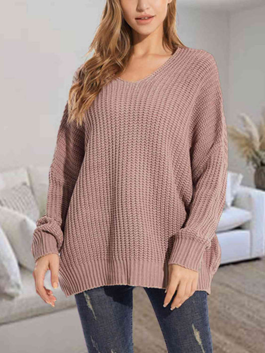 V-Neck Batwing Dropped Shoulder Sweater BLUE ZONE PLANET