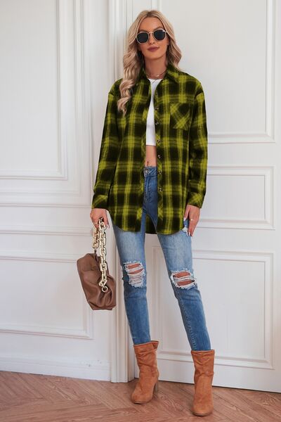 Plaid Button Up Dropped Shoulder Outerwear BLUE ZONE PLANET