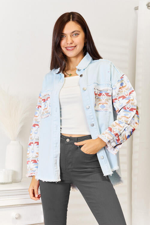 Buttoned Collared Neck Denim Jacket BLUE ZONE PLANET