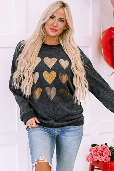 Heart Round Neck Dropped Shoulder Sweatshirt Trendsi