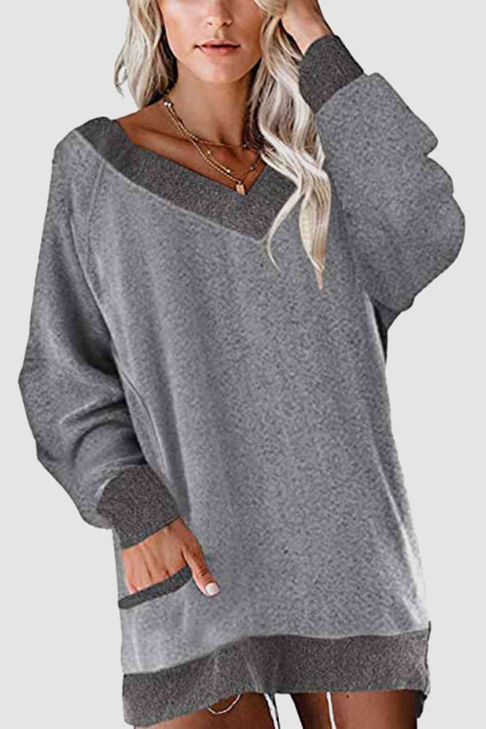 V-Neck Long Sleeve Sweatshirt with Pockets BLUE ZONE PLANET