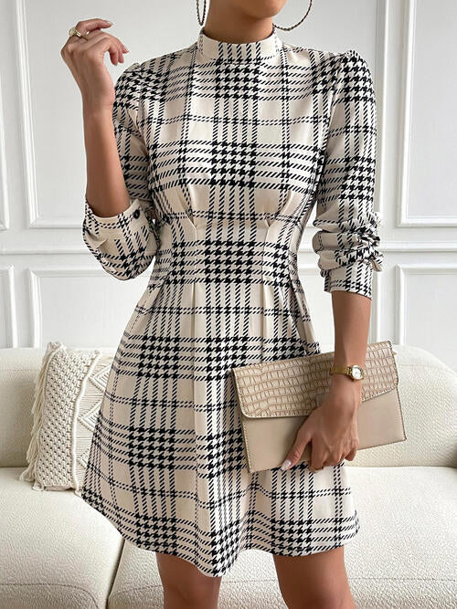 Houndstooth Mock Neck Cinched Mini Dress BLUE ZONE PLANET
