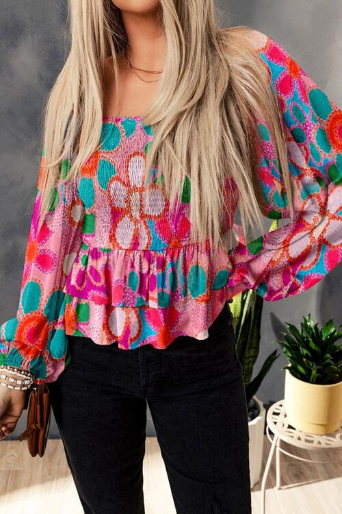 Floral Smocked Ruffled Balloon Sleeve Blouse BLUE ZONE PLANET