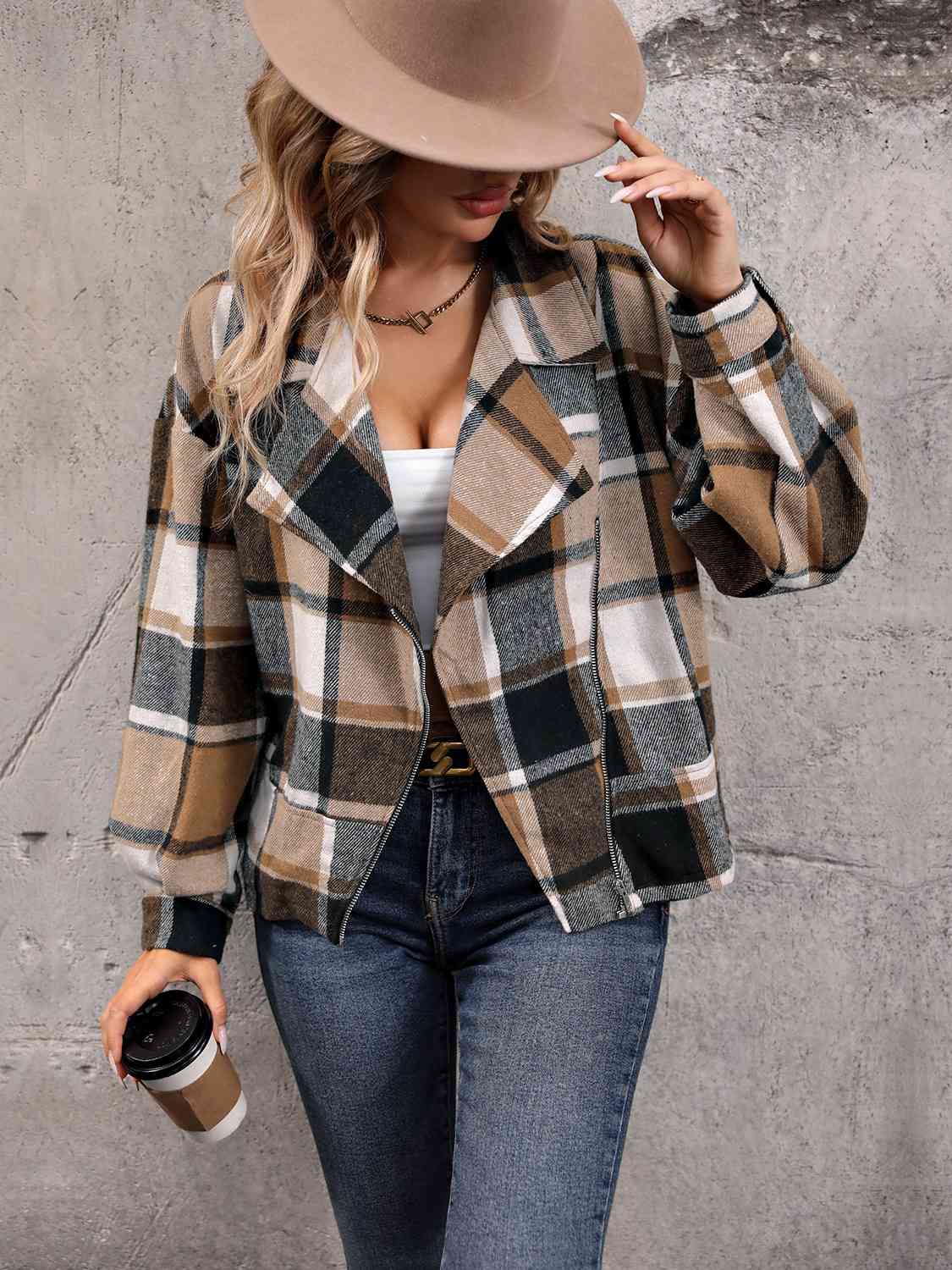 Plaid Collared Neck Long Sleeve Jacket BLUE ZONE PLANET