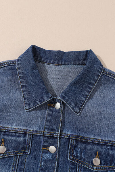 Plus Size Distressed Button Up Raw Hem Denim Jacket BLUE ZONE PLANET