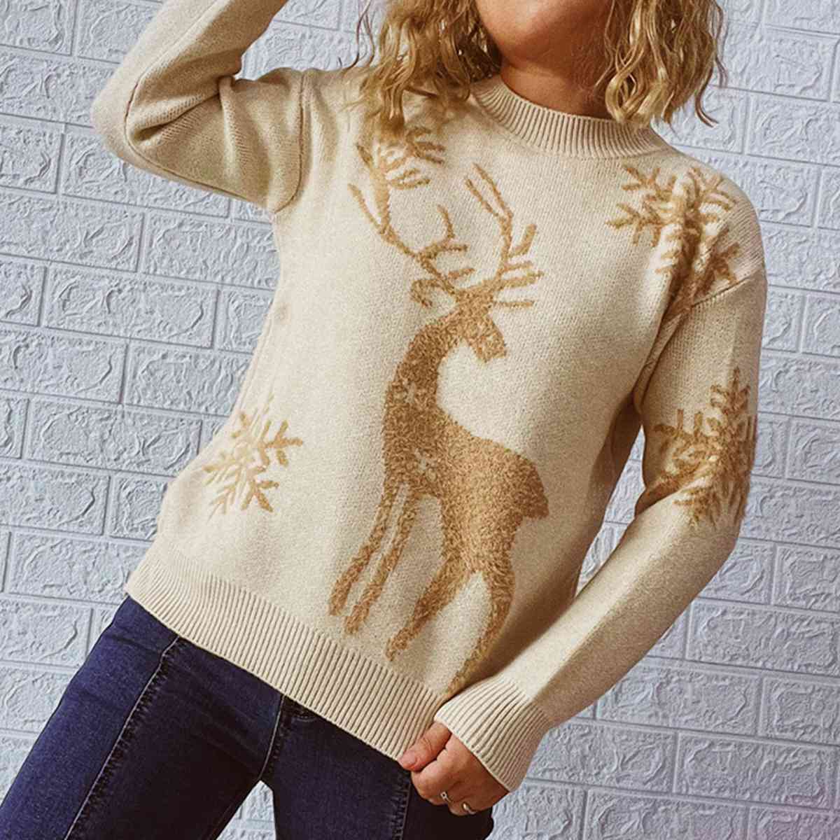 Reindeer and Snowflake Pattern Sweater BLUE ZONE PLANET