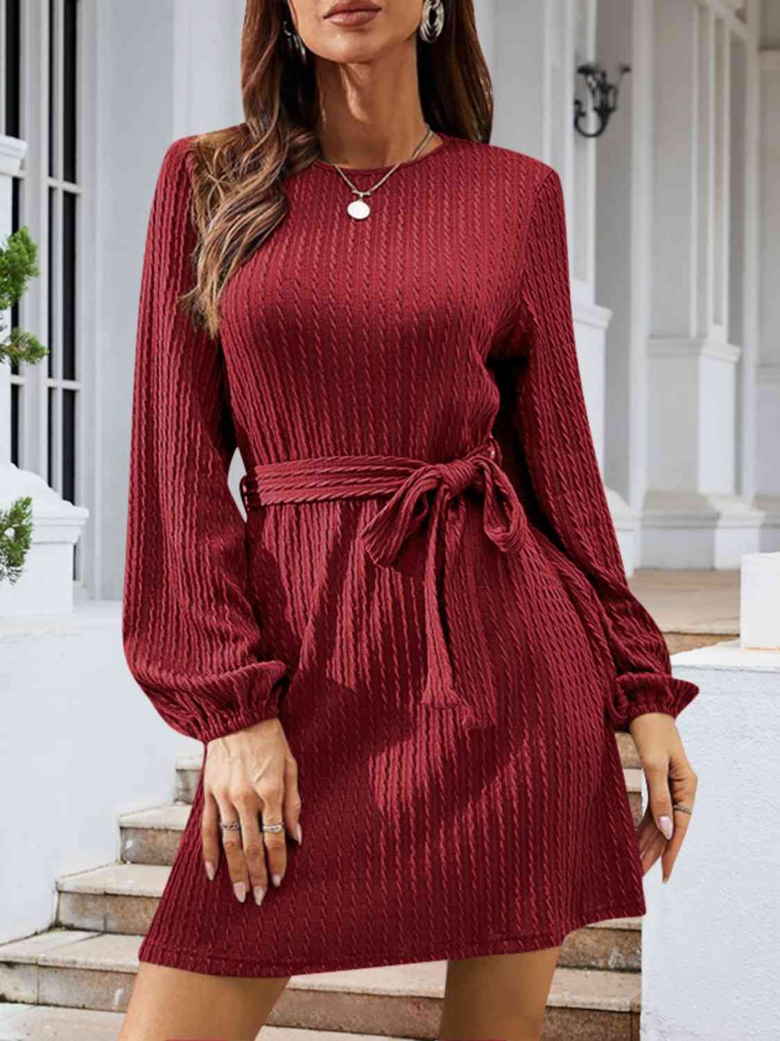 Round Neck Tie Front Long Sleeve Dress BLUE ZONE PLANET