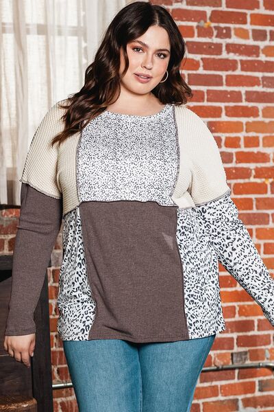 Plus Size Leopard Round Neck Sweatshirt Trendsi