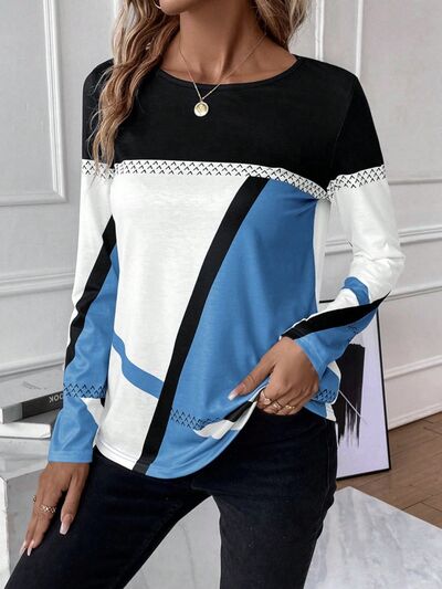 Contrast Round Neck Long Sleeve T-Shirt Trendsi